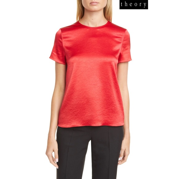 THEORY WOMEN NWT WOVEN DOUBLE SATIN SHORT SLEEVE BRIGHT RUBY TOP. SIZE L - Picture 1 of 11